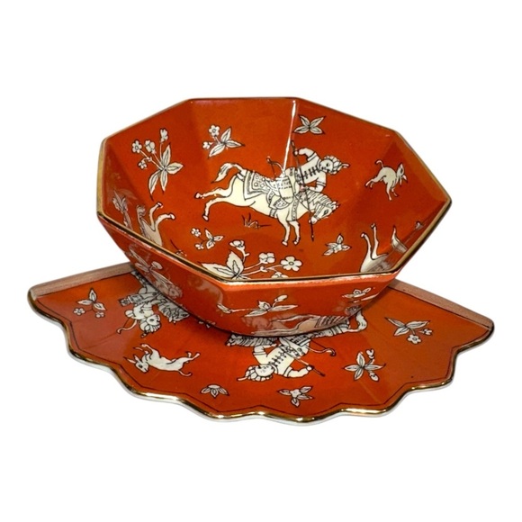 Other - Japanese Kutani Ware porcelain Bowl Fan-Shaped Plate Set Horse Rider Design